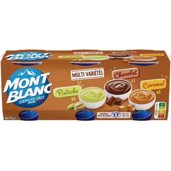 MONT BLANC CREME DESSERT COUPELLES CARAMEL, CHOCOLAT, PISTACHE 6X125G 750 G