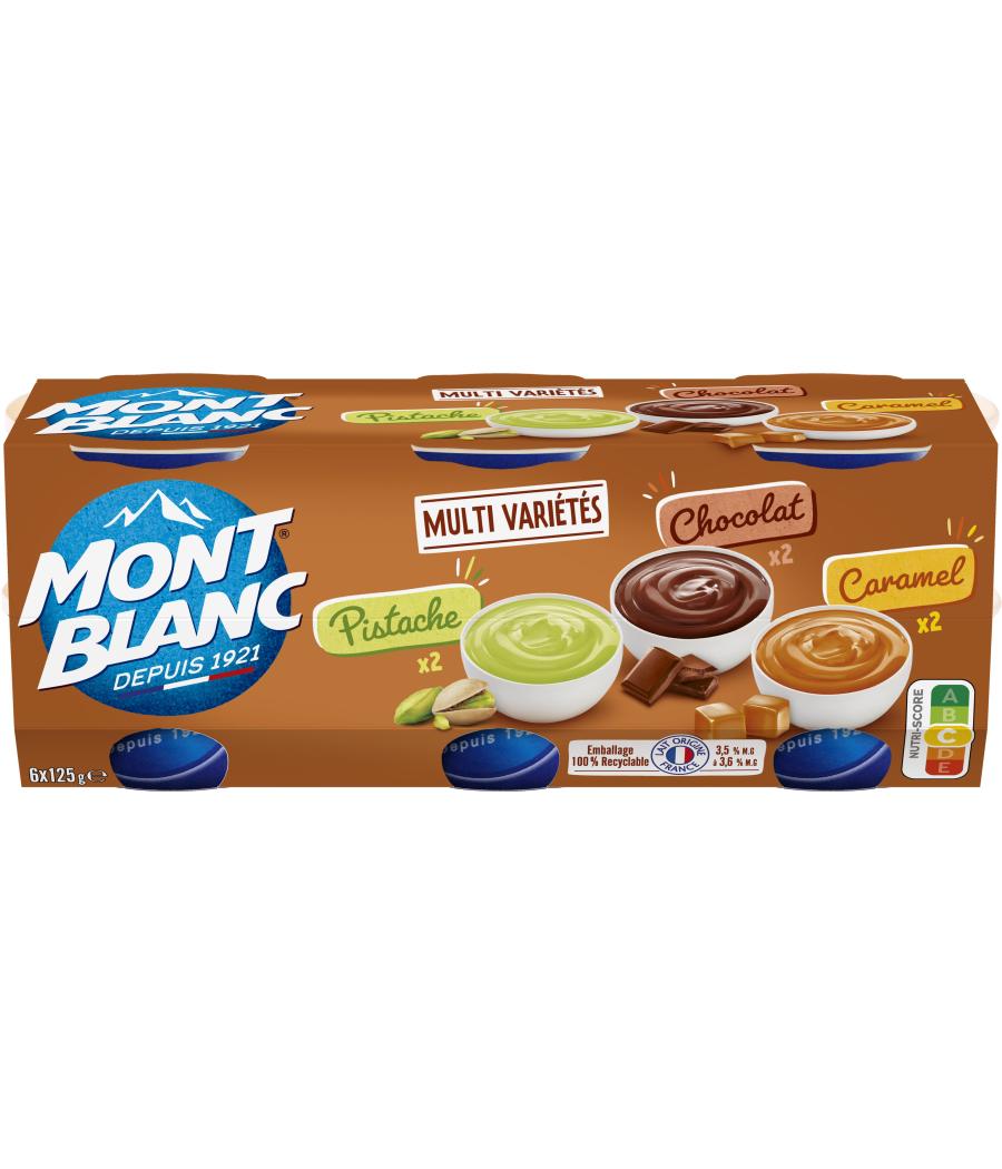 MONT BLANC CREME DESSERT COUPELLES CARAMEL, CHOCOLAT, PISTACHE 6X125G 750 G MONT BLANC CREME DESSERT COUPELLES CARAMEL, CHOCOLAT, PISTACHE 6X125G 750 G