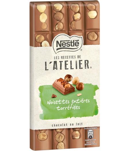 TABLETTE DE CHOCOLAT AU LAIT NOISETTES TORREFIEES  ENTIERES L'ATELIER NESTLE 195G