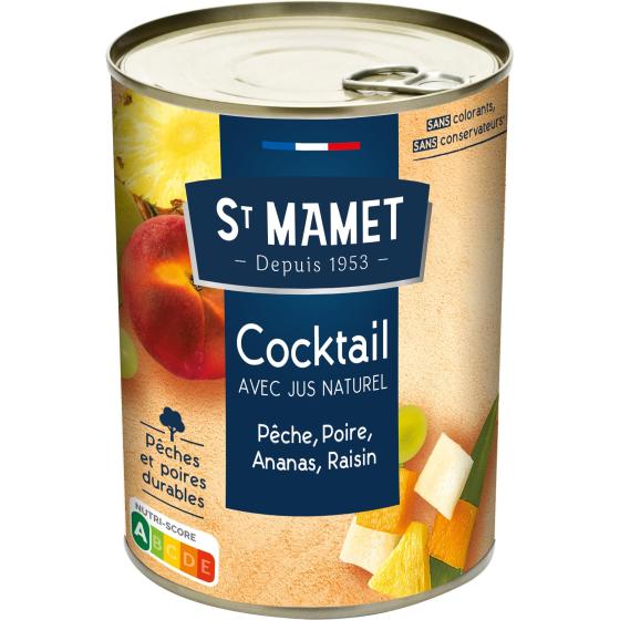 COCKTAIL DE FRUITS AVEC JUS NATUREL PECHE, POIRE, ANANAS, RAISIN ST MAMET 425G