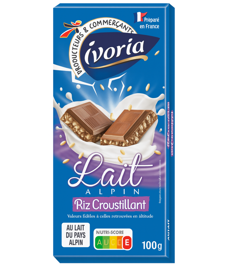 TABLETTE DE CHOCOLAT LAIT RIZ CROUSTILLANT IVORIA 100G TABLETTE DE CHOCOLAT LAIT RIZ CROUSTILLANT IVORIA 100G
