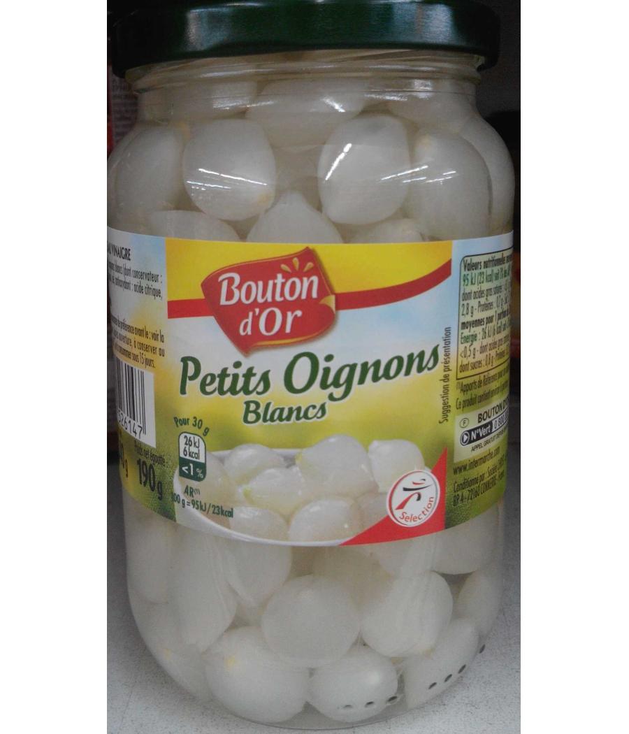 OIGNONS BOUTON D'OR PETITS OIGNONS BLANCS 340G , 190 NET EGOUTTE, 370 ML OIGNONS BOUTON D'OR PETITS OIGNONS BLANCS 340G , 190 NET EGOUTTE, 370 ML