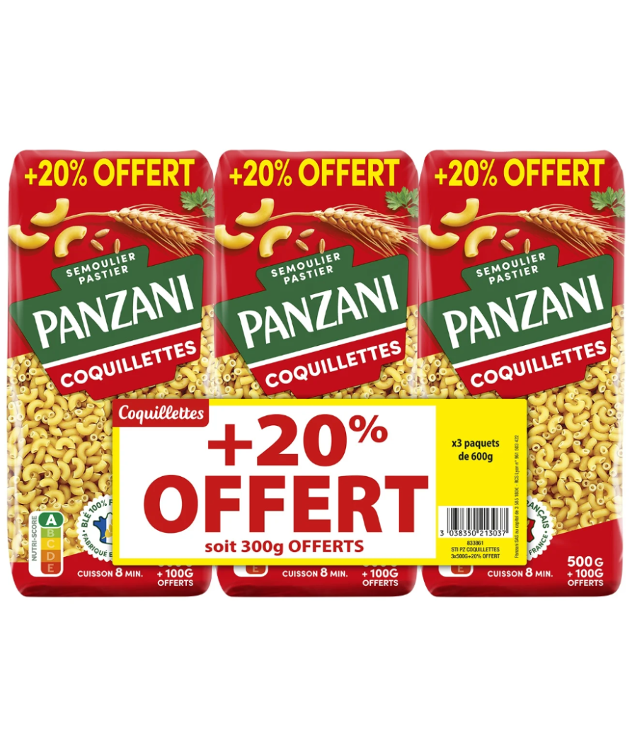 PATES PANZANI COQUILLETTES 3 PAQUETS 500G + 20% GRATUITS PATES PANZANI COQUILLETTES 3 PAQUETS 500G + 20% GRATUITS