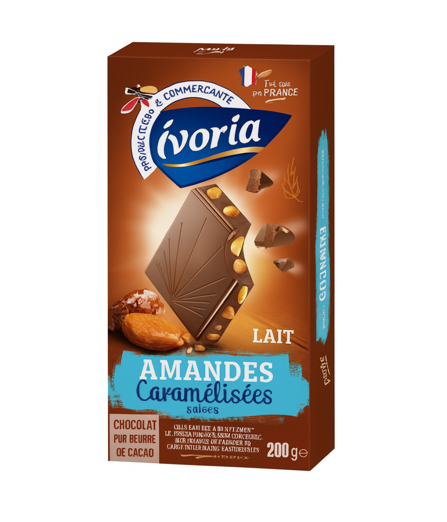 TABLETTE BLOC CHOCOLAT AU LAIT AUX AMANDES CARAMELISEES POINTE DE SEL IVORIA  200G TABLETTE BLOC CHOCOLAT AU LAIT AUX AMANDES CARAMELISEES POINTE DE SEL IVORIA  200G