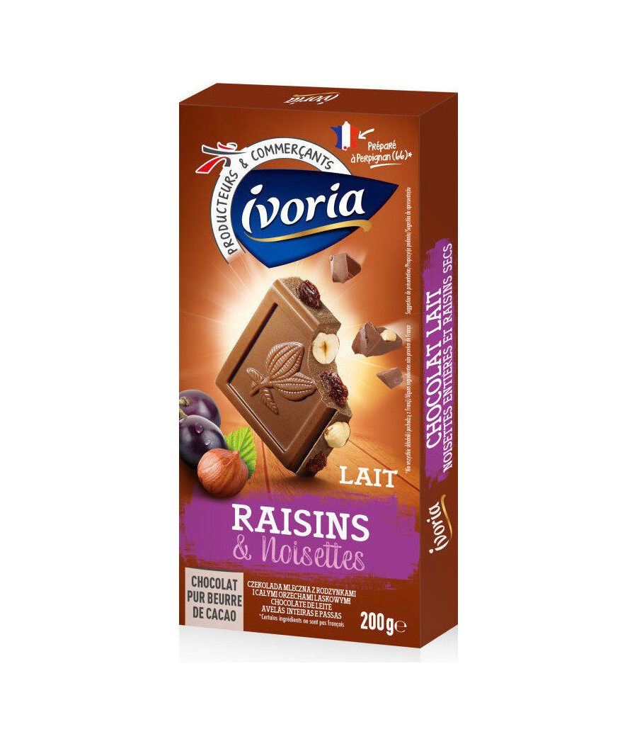 TABLETTE BLOC CHOCOLAT AU LAIT AUX RAISINS ET NOISETTES ENTIERES IVORIA 200G TABLETTE BLOC CHOCOLAT AU LAIT AUX RAISINS ET NOISETTES ENTIERES IVORIA 200G