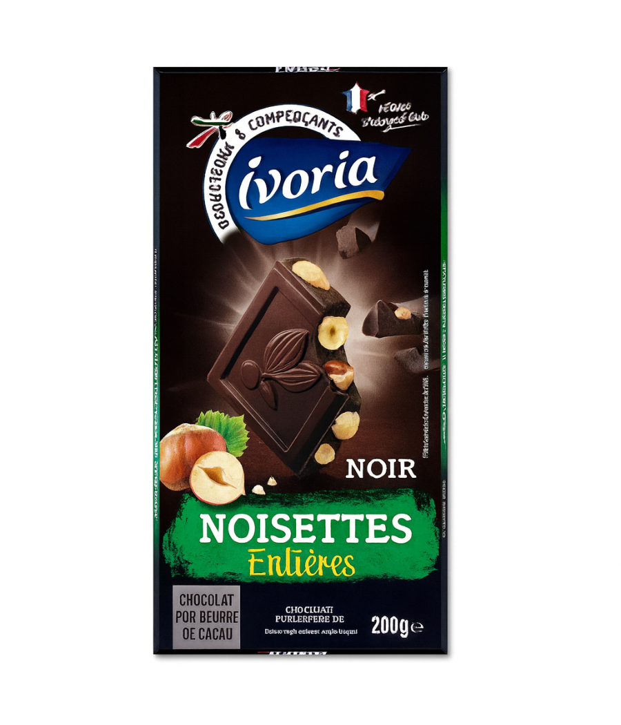 TABLETTE BLOC CHOCOLAT NOIR AUX NOISETTES ENTIERES 200G TABLETTE BLOC CHOCOLAT NOIR AUX NOISETTES ENTIERES 200G