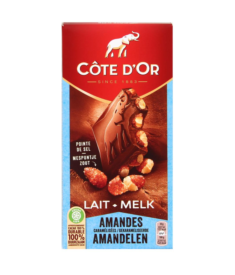 CHOCOLAT AU LAIT ET AUX AMANDES CARAMELISEES  COTE D'OR 180G CHOCOLAT AU LAIT ET AUX AMANDES CARAMELISEES  COTE D'OR 180G
