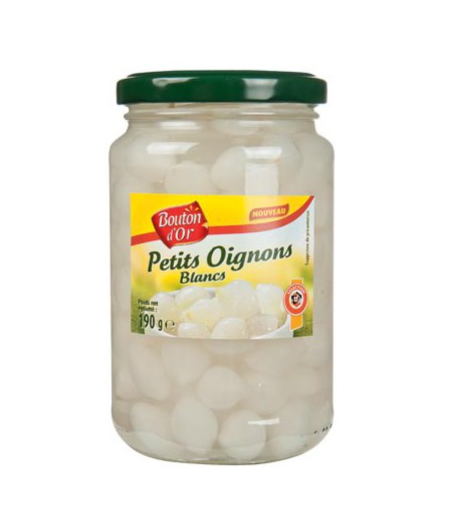 OIGNONS BOUTON D'OR PETITS OIGNONS BLANCS 340G , 190 NET EGOUTTE, 370 ML OIGNONS BOUTON D'OR PETITS OIGNONS BLANCS 340G , 190 NET EGOUTTE, 370 ML