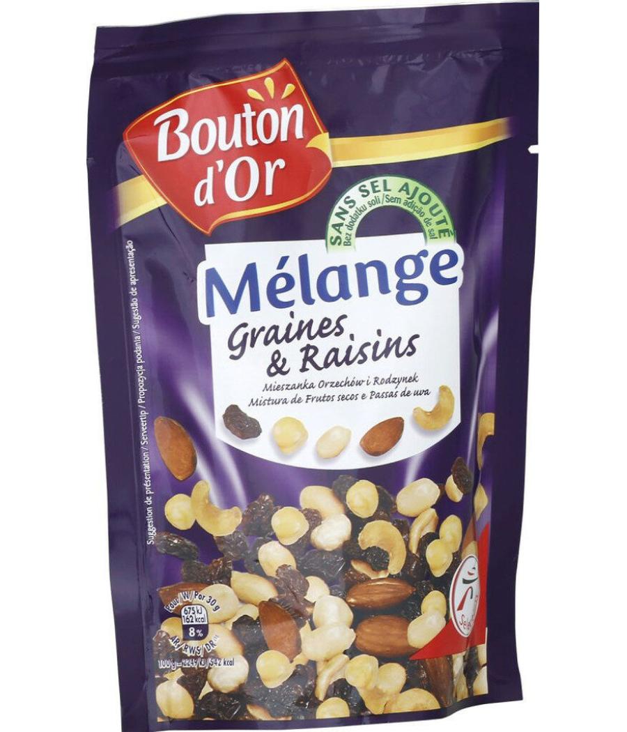 MELANGE GRAINES ET RAISINS SANS SEL AJOUTE BOUTON D'OR 150G MELANGE GRAINES ET RAISINS SANS SEL AJOUTE BOUTON D'OR 150G