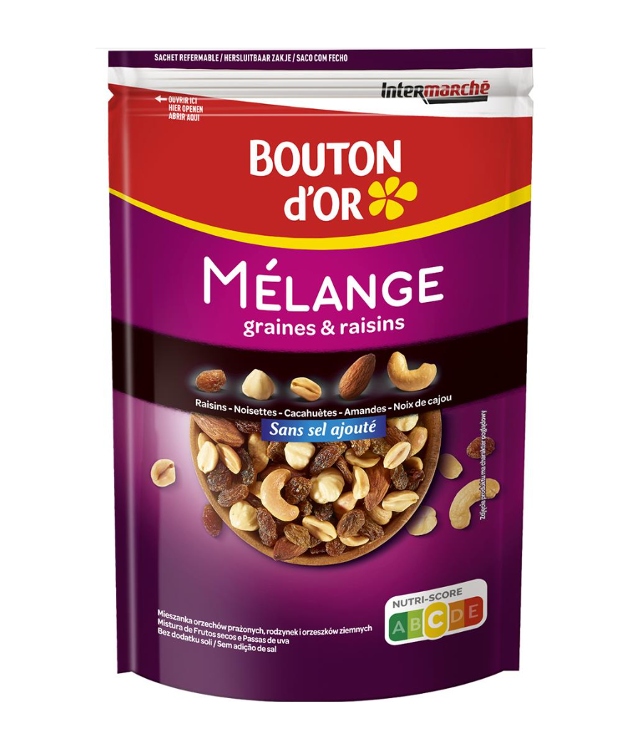 MELANGE GRAINES ET RAISINS SANS SEL AJOUTE BOUTON D'OR 150G MELANGE GRAINES ET RAISINS SANS SEL AJOUTE BOUTON D'OR 150G