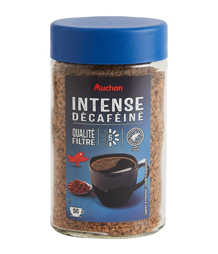 CAFE AUCHAN SOLUBLE DECAFEINE, PLANTEUR DES TROPIQUES, QUALITE FILTRE 100G CAFE AUCHAN SOLUBLE DECAFEINE, PLANTEUR DES TROPIQUES, QUALITE FILTRE 100G