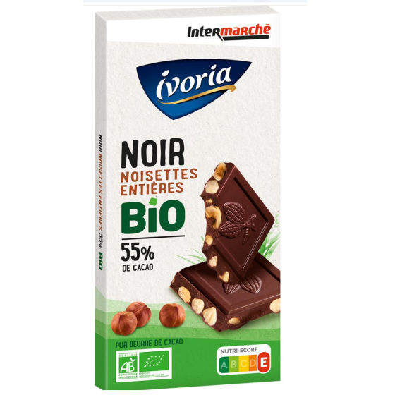 CHOCOLAT IVORIA TABLETTE BIO BLOC NOIR AUX NOISETTES ENTIERES - 200G