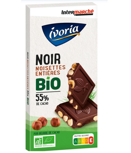 CHOCOLAT IVORIA TABLETTE BIO BLOC NOIR AUX NOISETTES ENTIERES - 200G