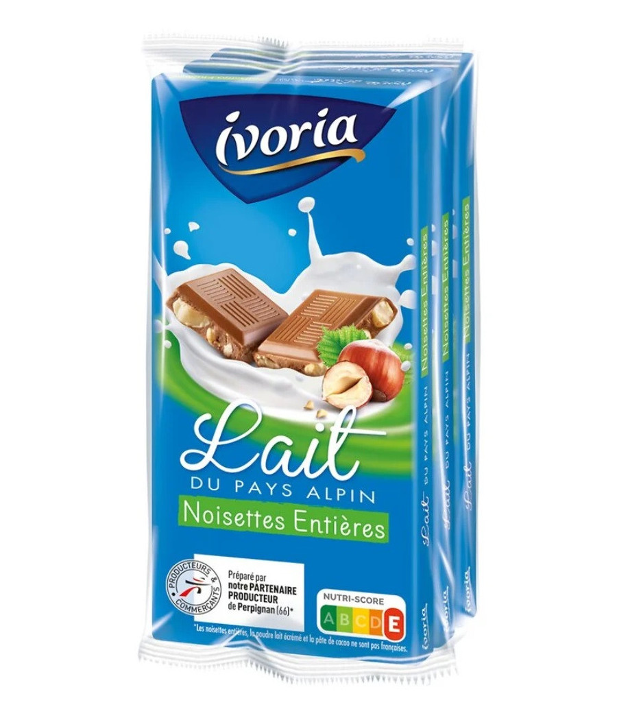 TABLETTE FAMILIALE CHOCOLAT AU LAIT DU PAYS ALPIN NOISETTES ENTIERES - 3X100G 300 G TABLETTE FAMILIALE CHOCOLAT AU LAIT DU PAYS ALPIN NOISETTES ENTIERES - 3X100G 300 G