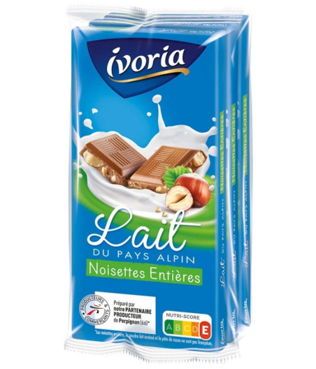TABLETTE FAMILIALE CHOCOLAT AU LAIT DU PAYS ALPIN NOISETTES ENTIERES - 3X100G 300 G