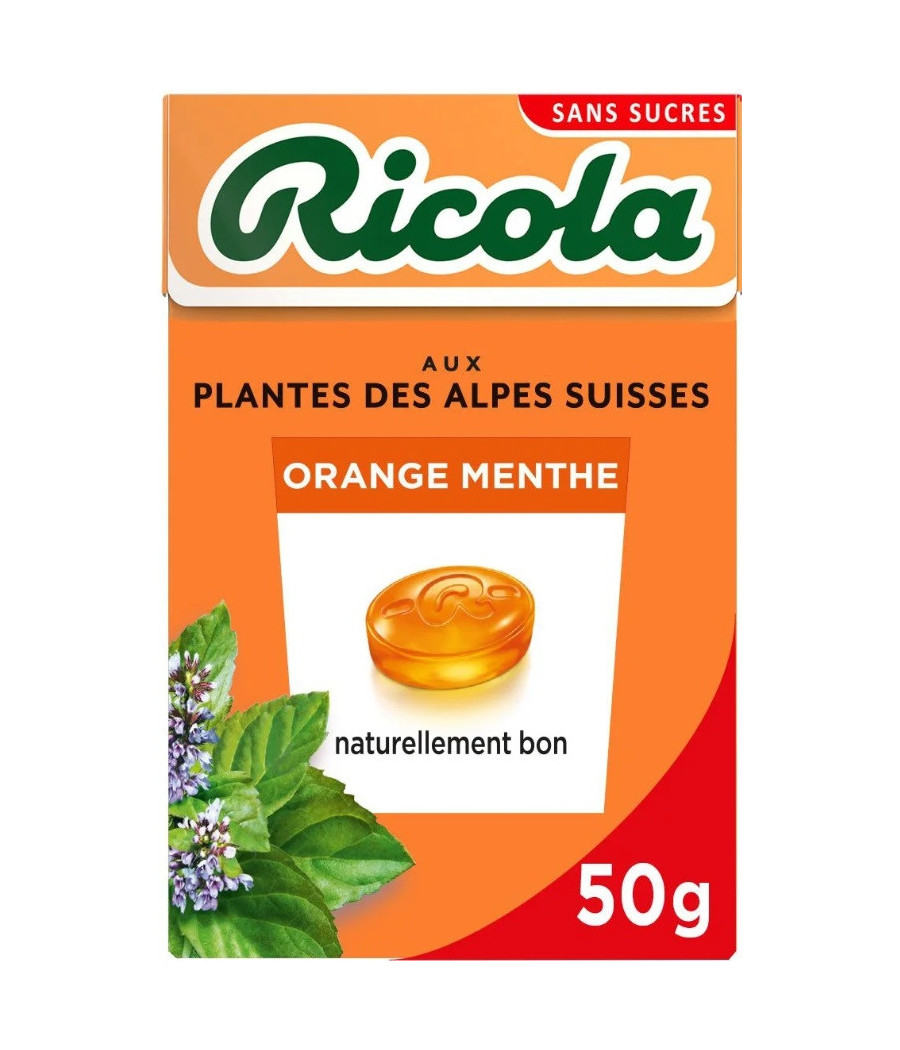 BONBONS ORANGE MENTHE SANS SUCRES RICOLA 50 G BONBONS ORANGE MENTHE SANS SUCRES RICOLA 50 G