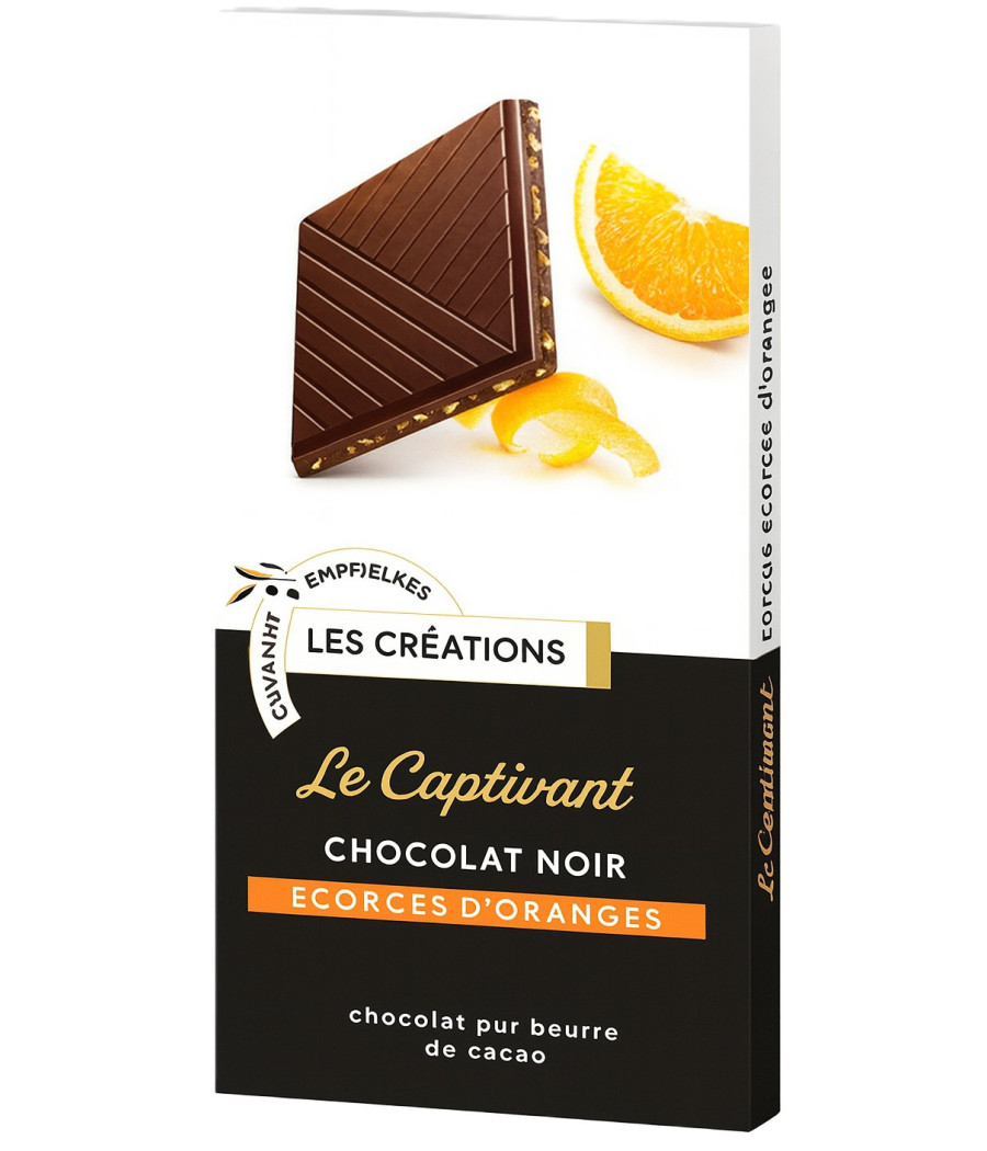 TABLETTE DE CHOCOLAT NOIR AUX ECORCES D'ORANGES LES CREATIONS 100G TABLETTE DE CHOCOLAT NOIR AUX ECORCES D'ORANGES LES CREATIONS 100G
