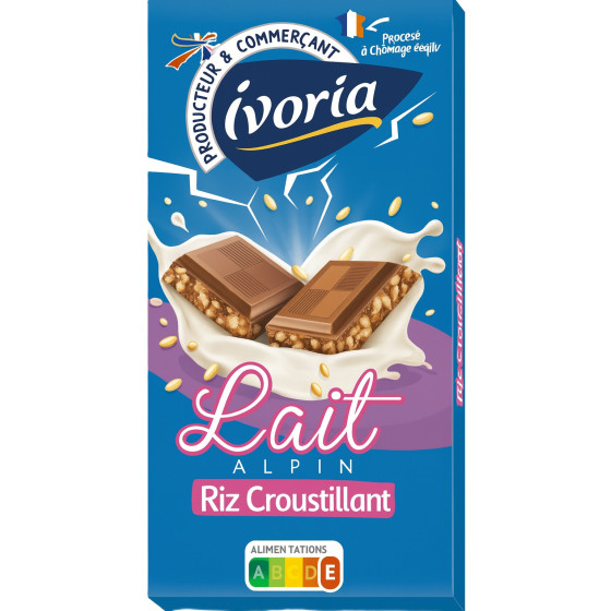 TABLETTE DE CHOCOLAT LAIT RIZ CROUSTILLANT IVORIA 100G