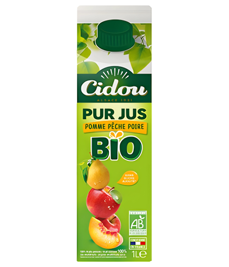 JUS DE FRUITS POMME PECHE POIRE BIO CIDOU 1L