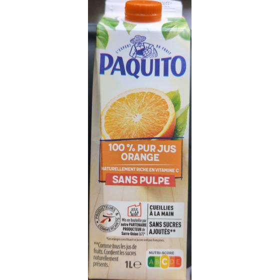 100% PUR JUS D'ORANGE SANS PULPE PAQUITO 1L