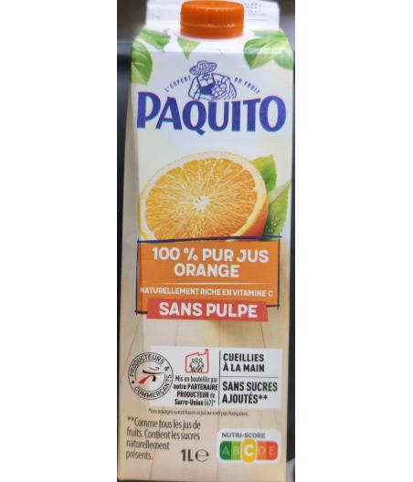 100% PUR JUS D'ORANGE SANS PULPE PAQUITO 1L